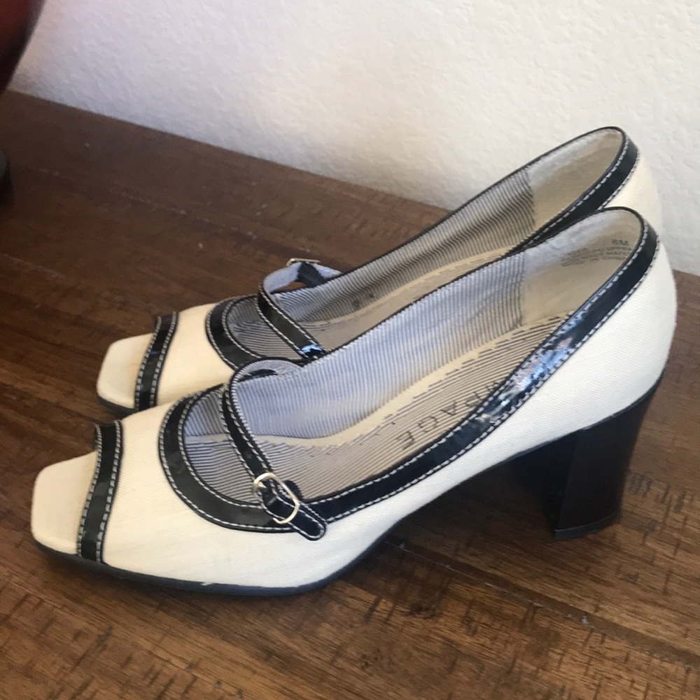 Rampage linen and patent open toe heels